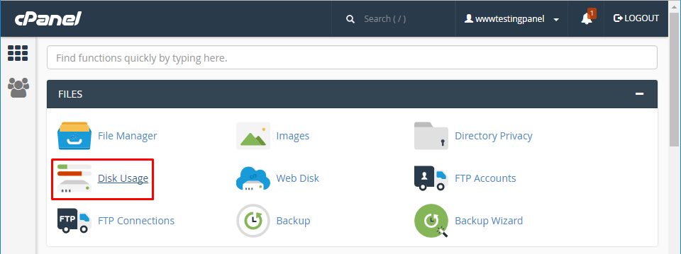 Select Disk Usage option on cPanel