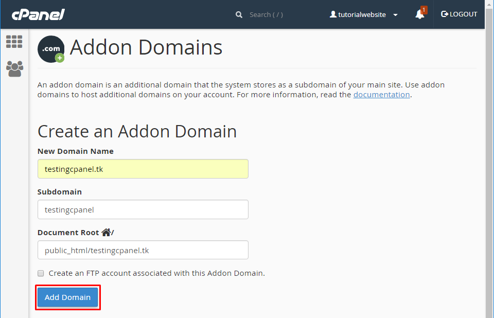 Fill the Appropriate details to add Addon Domain