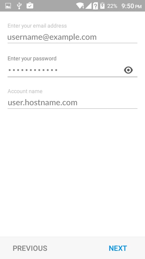 Enter your Password and Hostname for Boxer Android Mobile Application