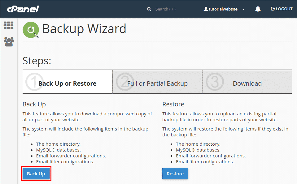 Click the Backup Button in Backup Wizard