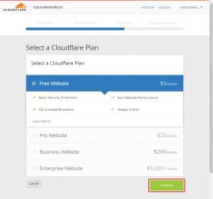 Select the CloudFlare plan as free website.