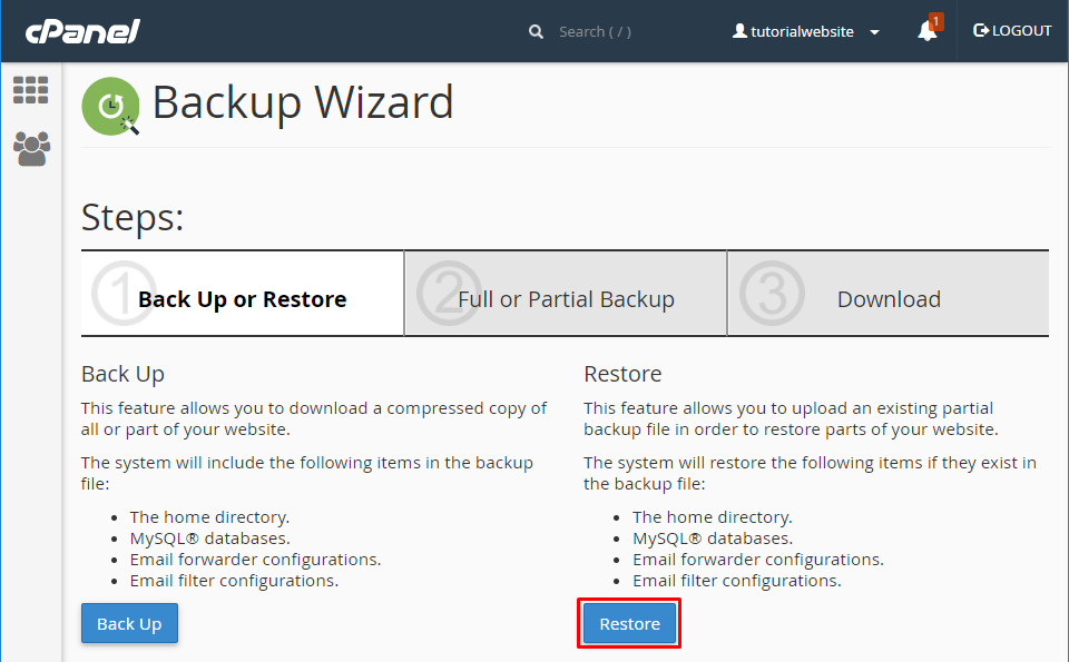 Now click the Restore button in backup wizard