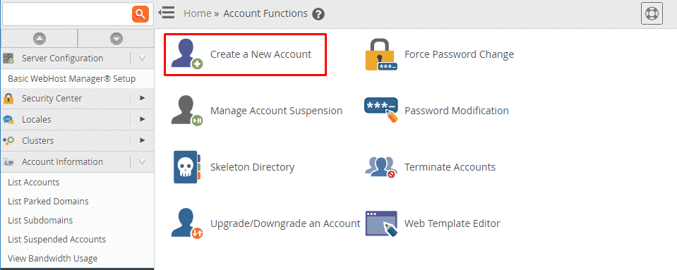 Click the Create New Account option inside of Account Function