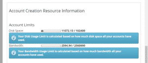 Scroll down to bottom of the page, under Account Creation Resource Information section, you will see the total disk space and bandwidth for the entire Reseller account.