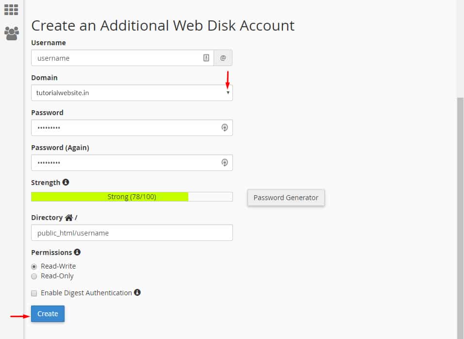 To view the Web Disk Accounts Main Page and enter the username, password and choose the required domain using drop down option.
