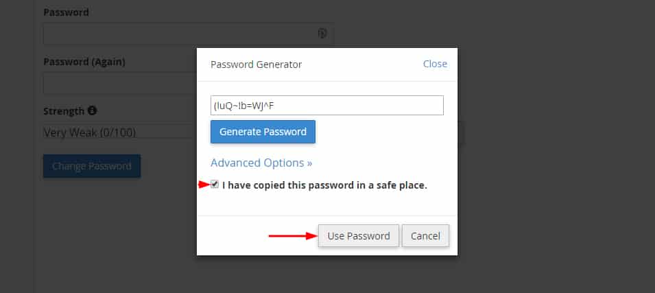 click use password and check in the copied this password in safe place