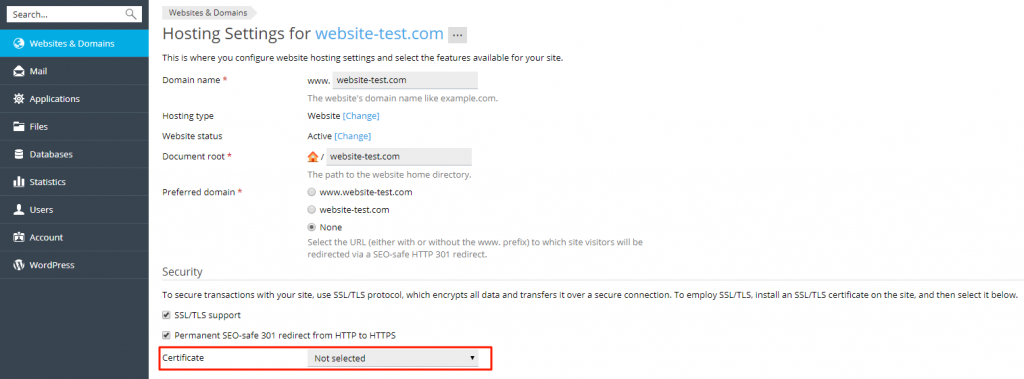 Select the type of SSL certificate